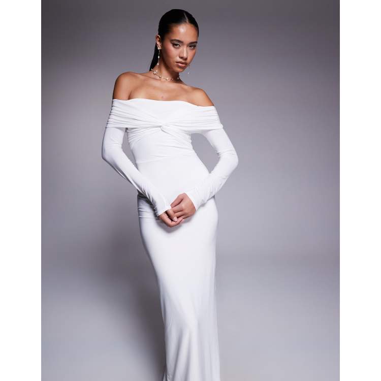 美品　Shoulder Tuck Long Dress White Stripe Shoulder Cutout Long White A-Line - Ayla Dress | Marcella