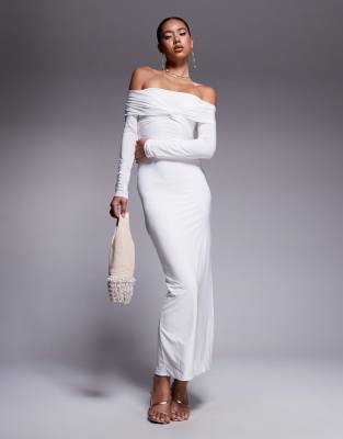 Missyempire Double Sculpted Slinky Off The Shoulder Twist Front Detail Long Sleeve Maxi Dress