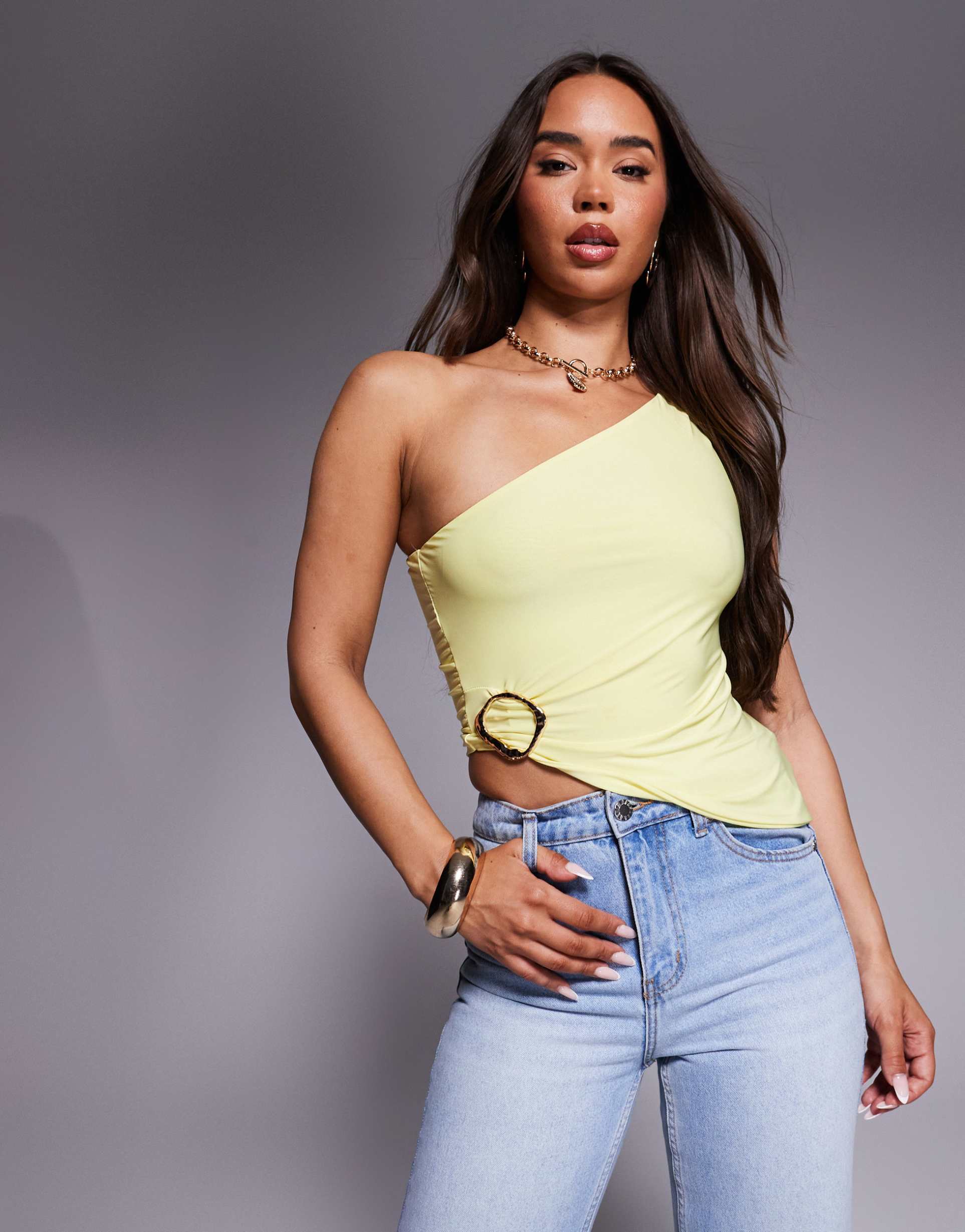 missyempire double sculpted slinky one-shoulder asymmetric hem gold buckle top in yellow