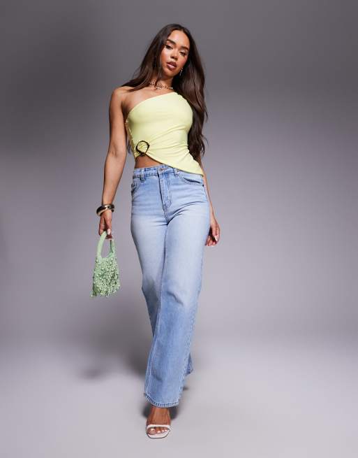 Missyempire double sculpted slinky one shoulder asymmetric hem gold buckle top in yellow