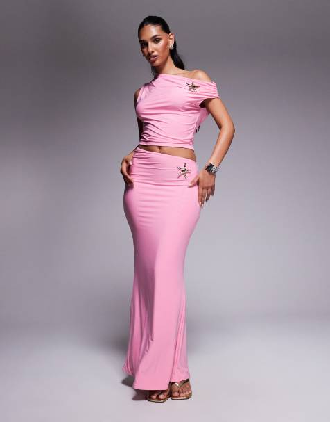 Missyempire double sculpted slinky one shoulder metal starfish detail top and maxi skirt co-ord in pink - view 1