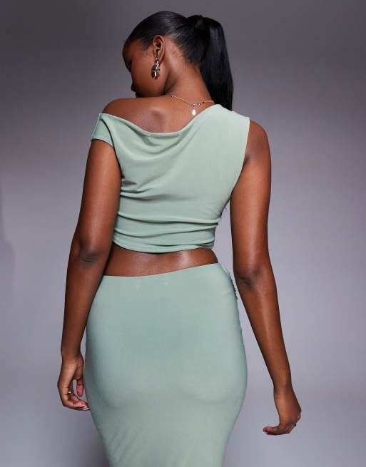 Missyempire double sculpted slinky one shoulder top co-ord in sage, 2 of 4