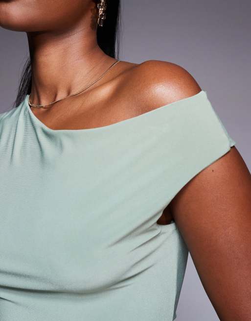 Missyempire double sculpted slinky one shoulder top co-ord in sage, 3 of 4