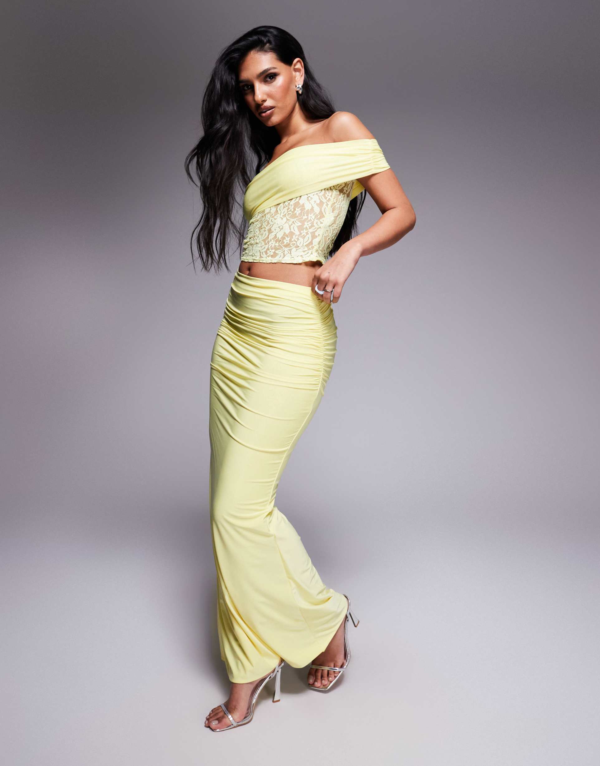 missyempire double sculpted slinky ruched side details fishtail maxi skirt in lemon - part of a set