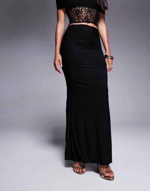 Missyempire double sculpted slinky ruched side maxi skirt co-ord in black, 2 of 5