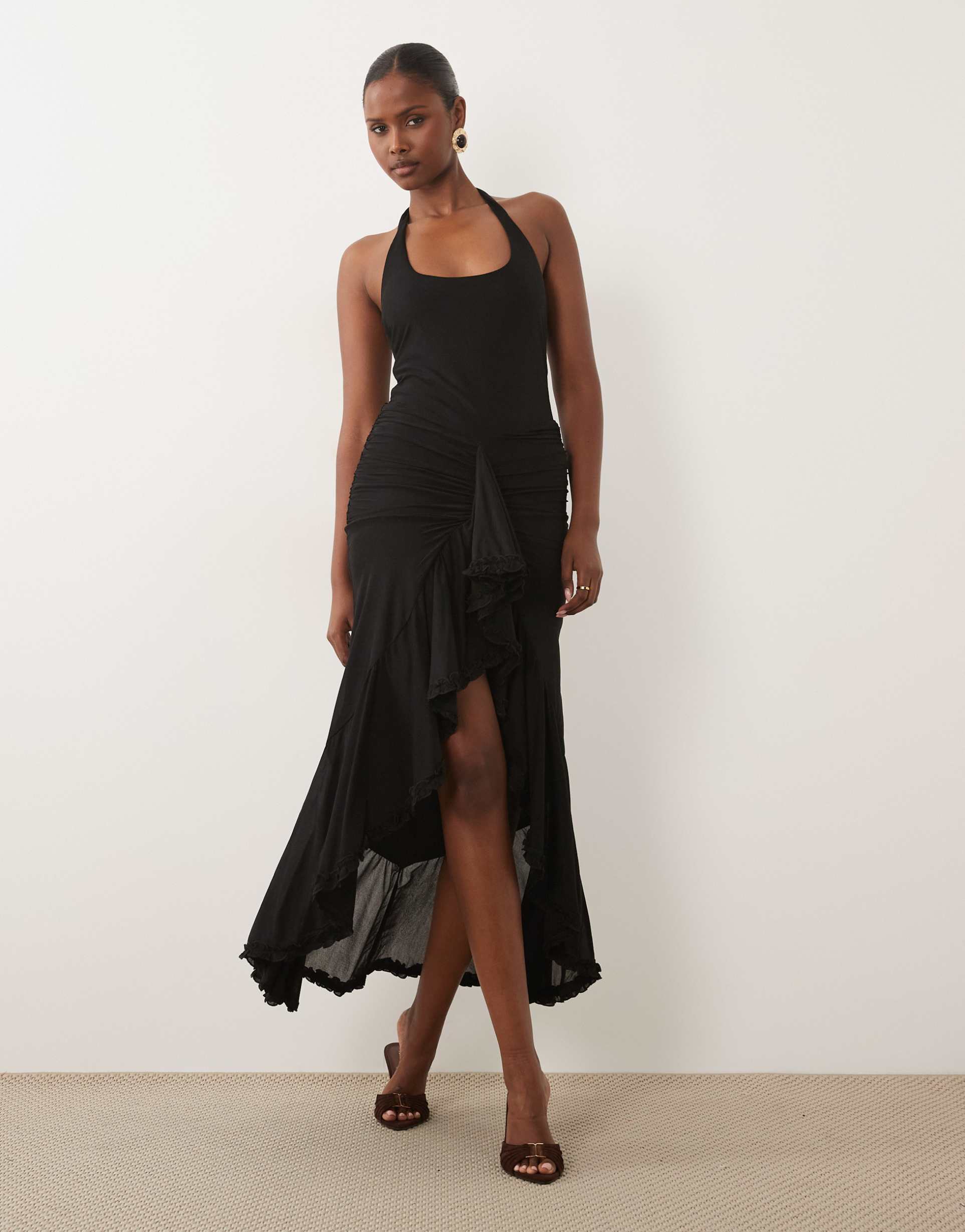 missyempire double sculpted slinky scoop halterneck ruffle high low detail maxi dress in black