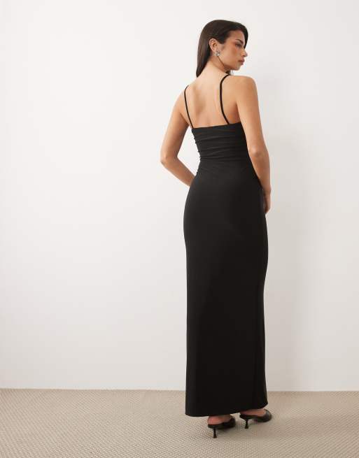 Missyempire double sculpted slinky thin strap cami maxi dress in black, 3 of 4