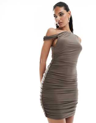 Missyempire drape detail off shoulder mini dress in mocha