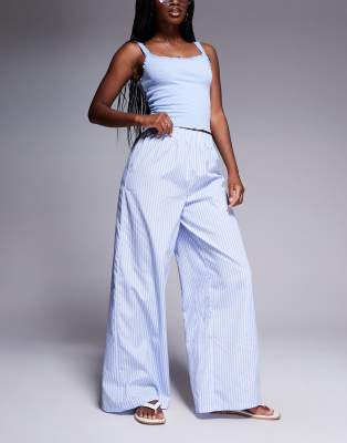 elastic waist wide leg pants in blue stripes