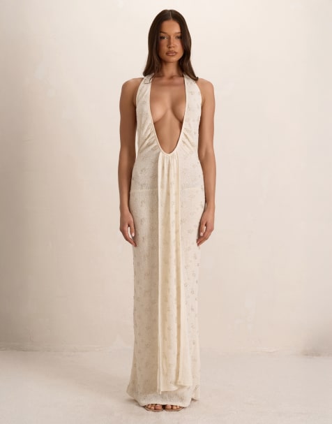 Missyempire Embellished knit plunge drape maxi dress in cream