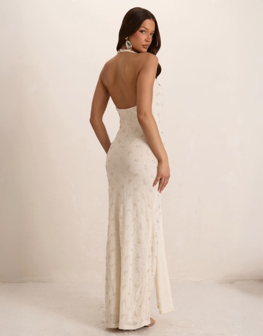 Missyempire Embellished knit plunge drape maxi dress in cream, 3 of 4
