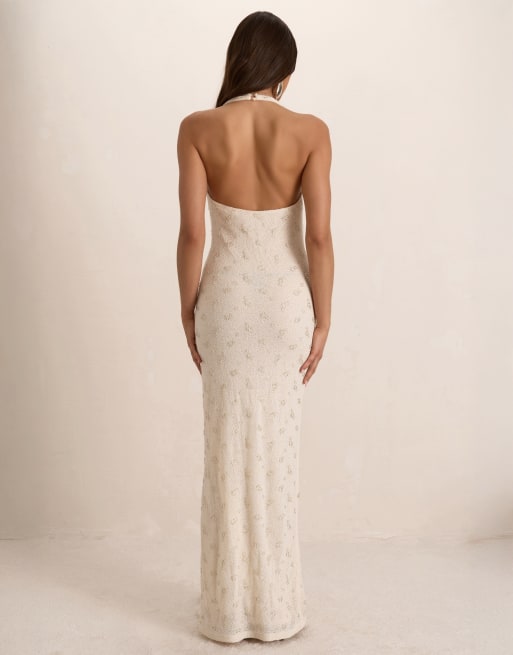 Missyempire Embellished knit plunge drape maxi dress in cream, 4 of 4