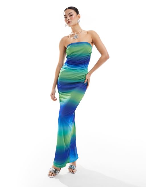 Missyempire exclusive bandeau mesh ruched maxi dress in blue and green ombre