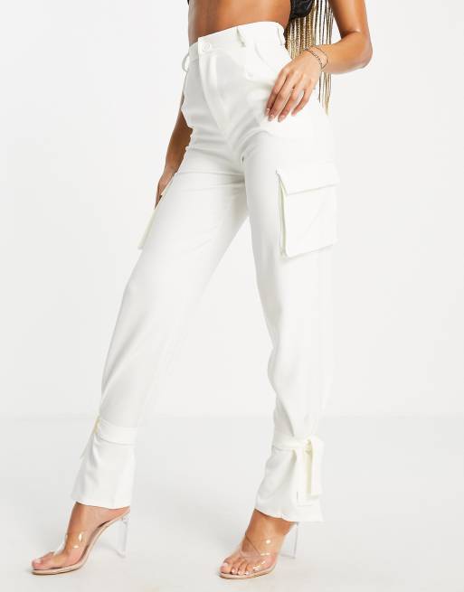 Missyempire exclusive cargo pocket detail trouser co ord with tie hem in cream