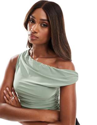 Missyempire Missyempire exclusive double layered slinky off shoulder top in sage-Green