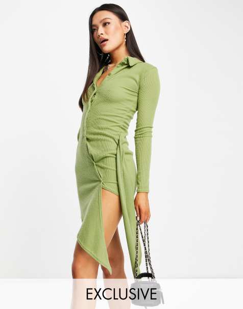 Missyempire exclusive drape front shirt dress in olive - view 1