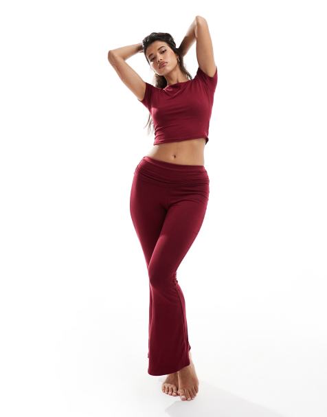 Missyempire exclusive folded waist flared trousers co-ord in burgundy - view 1