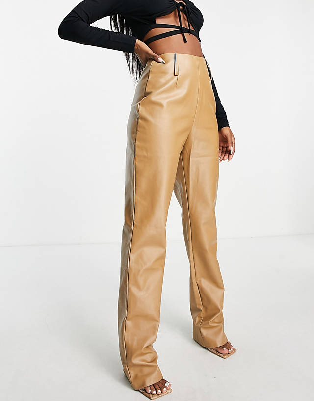 Missyempire - exclusive leather look straight leg trousers in camel