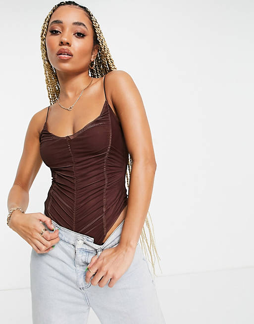 Tops Missyempire exclusive mesh ruching strappy body in chocolate 