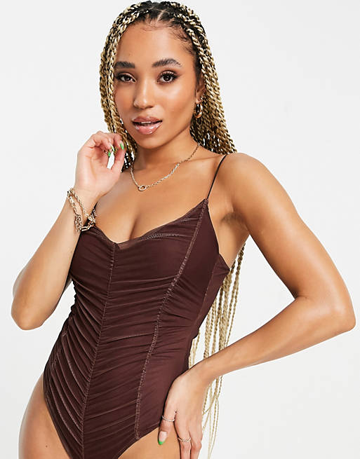 Tops Missyempire exclusive mesh ruching strappy body in chocolate 