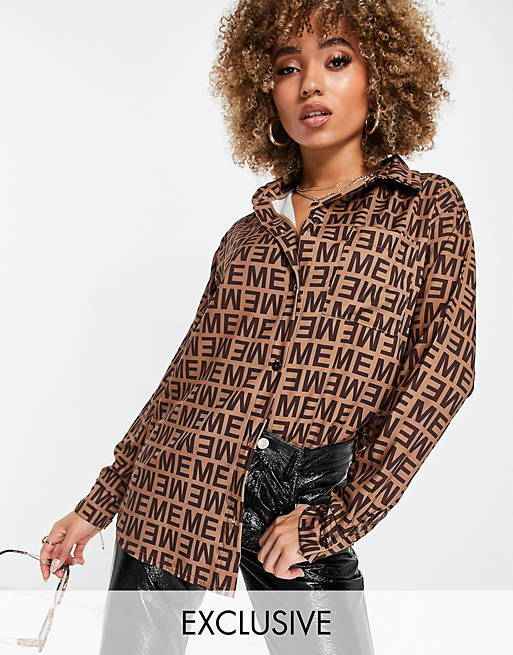 Missyempire exclusive oversized shirt in brown logo motif print