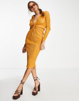 Missyempire exclusive plisse wrap front long sleeve midi dress in camel - ASOS Price Checker