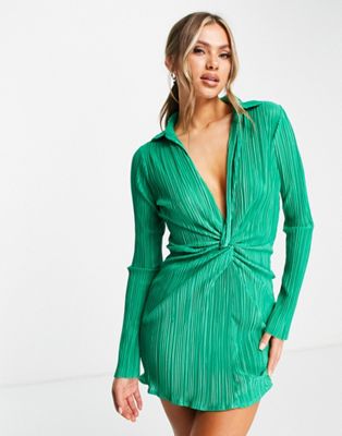 Missyempire exclusive plisse wrap front long sleeve mini dress in green | ASOS