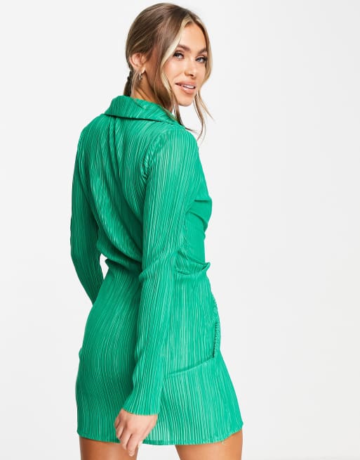 Missyempire exclusive plisse wrap front long sleeve mini dress in green, 2 of 4