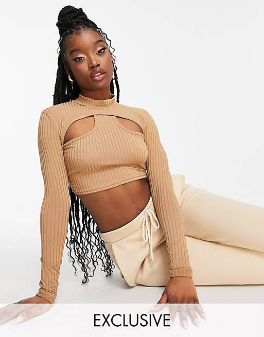 Missyempire exclusive ribbed high neck cut out crop top in camel