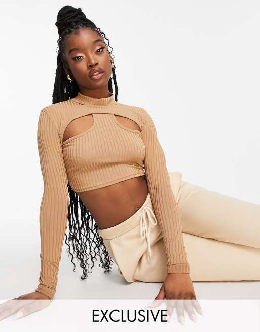 Missyempire exclusive ribbed high neck cut out crop top in camel