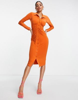 Missyempire exclusive slinky button through midi dress in orange - ASOS Price Checker