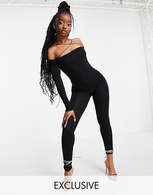 Missyempire exclusive spaghetti cross strap bardot jumpsuit in black