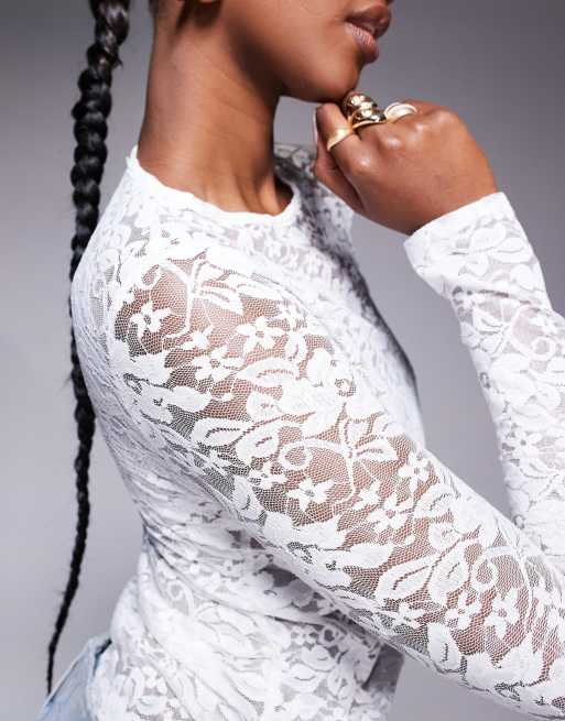 Missyempire floral sheer lace long sleeve top in white, 3 of 4