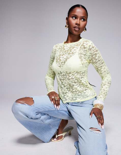 Missyempire floral sheer lace long sleeve top in yellow - view 1