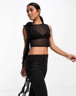 Missyempire flower corsage mesh top co-ord in black