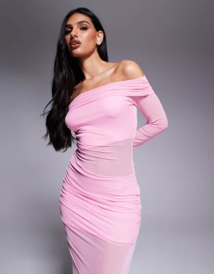 Missy Empire foldover bardot mesh insert sheer hem maxi dress in pink