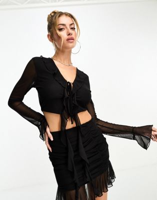 Missyempire frill mesh tie front top co-ord in black