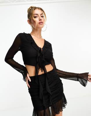 Missyempire frill mesh tie front top co-ord in black - ASOS Price Checker