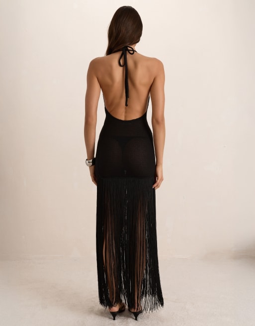 Missyempire Fringe knitted dress in black, 3 of 4