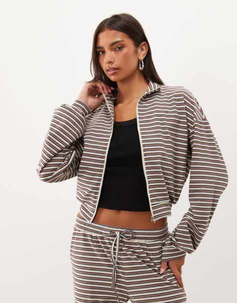 Missyempire funnel neck jacket co-ord in brown & cream stripe - view 1