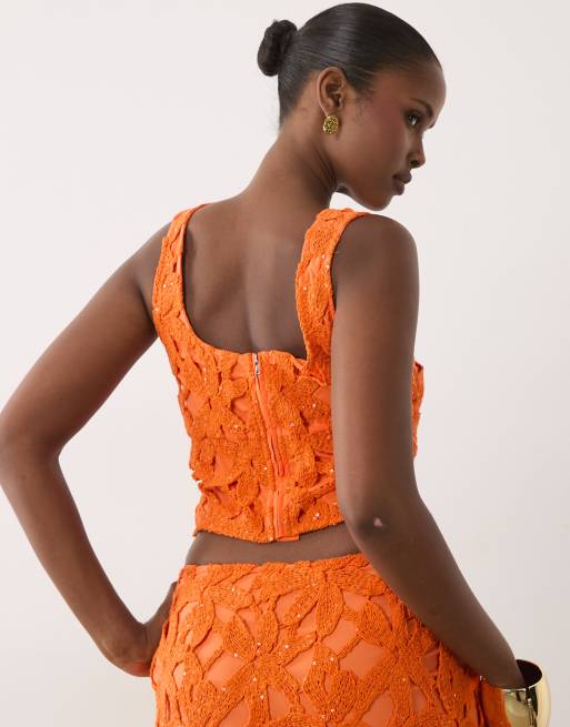 Missyempire gehäkeltes Oberteil mit U-Ausschnitt im Co-ord in Orange, 2 von 4