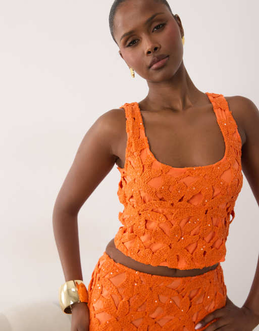 Missyempire gehäkeltes Oberteil mit U-Ausschnitt im Co-ord in Orange, 4 von 4
