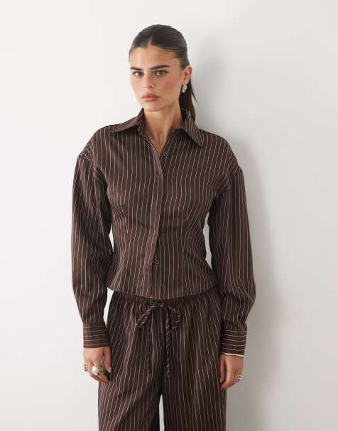 Missyempire getailleerde co-ord set met lange mouwen en krijtstreep in chocoladebruin - view 1