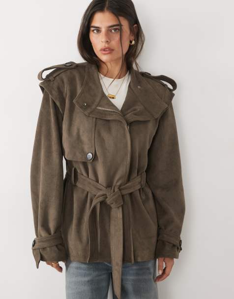 Missyempire giacca trench in finto camoscio con collo a imbuto e cintura in vita, marrone chiaro - view 1