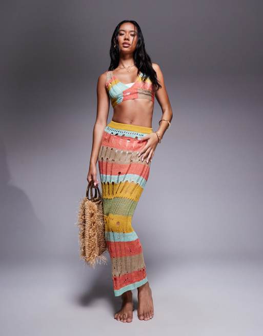 Missyempire - Gonna lunga da spiaggia in maglia effetto invecchiato a righe multicolore