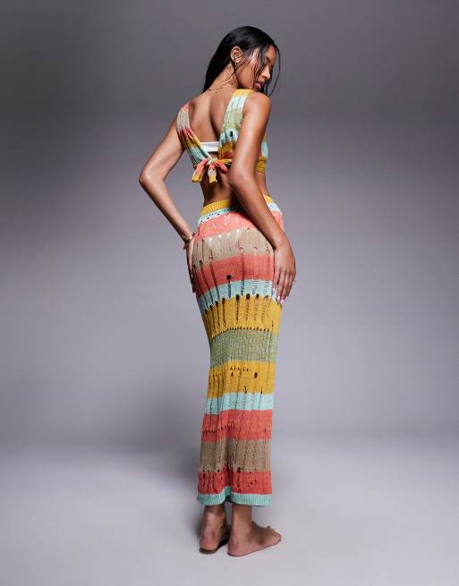 Missyempire - Gonna lunga da spiaggia in maglia effetto invecchiato a righe multicolore, 2 di 5