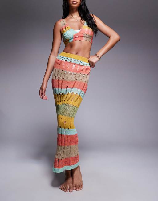 Missyempire - Gonna lunga da spiaggia in maglia effetto invecchiato a righe multicolore, 4 di 5
