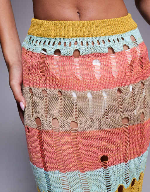 Missyempire - Gonna lunga da spiaggia in maglia effetto invecchiato a righe multicolore, 5 di 5