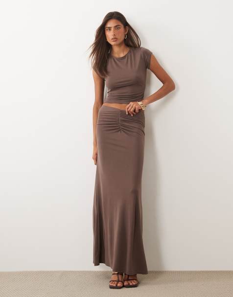 Missyempire - Gonna lunga in modal color cioccolato arricciata sul davanti in coordinato - view 1