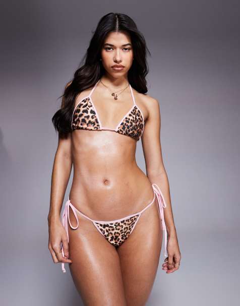 Missyempire halter neck pink trim bikini top in leopard print - part of a set - view 1